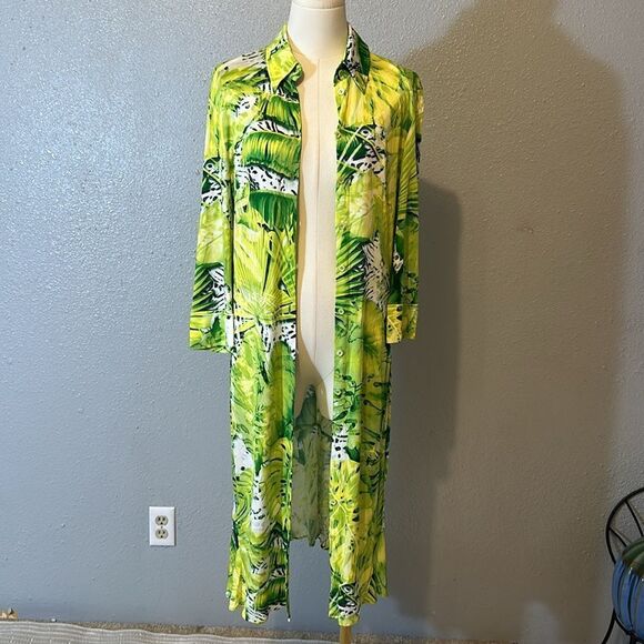 Escada tropical Vibrant Green Patterned long sleeve midi dress size 40 Medium - Picture 7 of 10